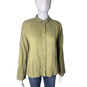 Topshop Collared Long Sleeve Olive Green Button Down Womens Shirt Size 0